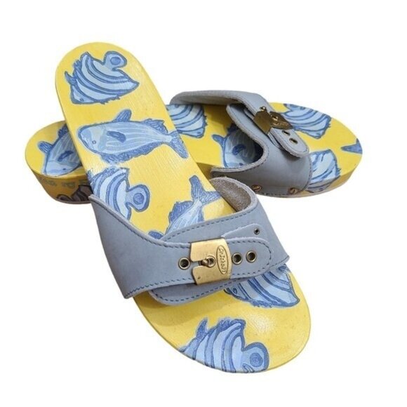 Dr. Scholl's Shoes - Dr. Scholl's Original Leather Blue Fish Clogs Sandals Shoes Size 8